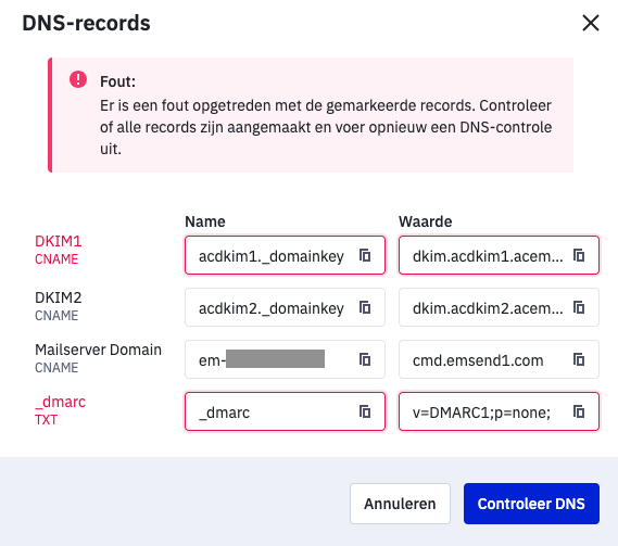 enkele DNS records fout
